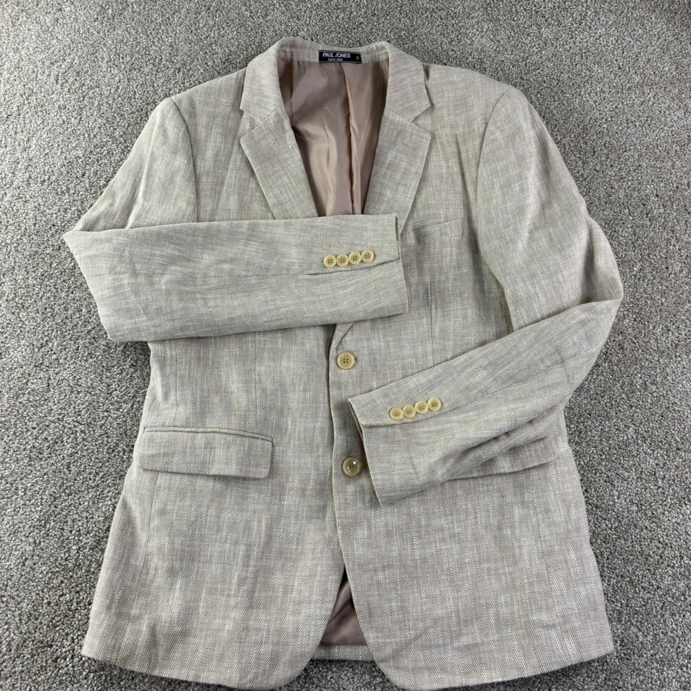 Paul Jones Blazer Mens M Beige Herringbone Linen Sport Coat Sophisticated Travel - Picture 10 of 11